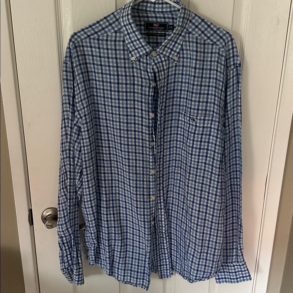 Vineyard Vines Blue and White Plaid Shirt